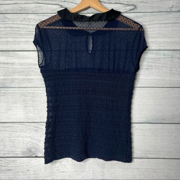 Free People Sheer Sleeveless Navy Blue Collard Top. Size M - Picture 2 of 8
